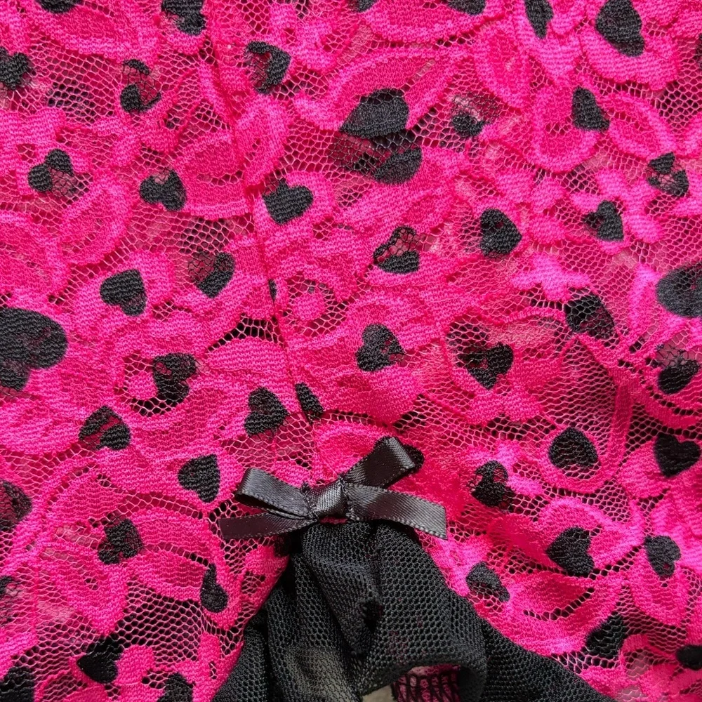 Woman’s Large Pink Heart Lace Sheer Babydoll Slip Night Dress